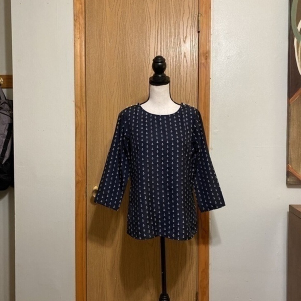 J. Crew Factory XS Blue w/Anchor Print 3/4 Sleeve Blouse - EUC